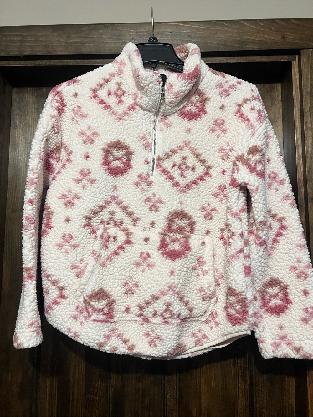 Women's Cream Sherpa Half-Zip Pullover with Pink Pattern